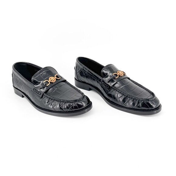Versace Croc Embossed Medusa '95 Loafers Size 39.5 US 9.5 Black Leather Flat - Picture 1 of 15
